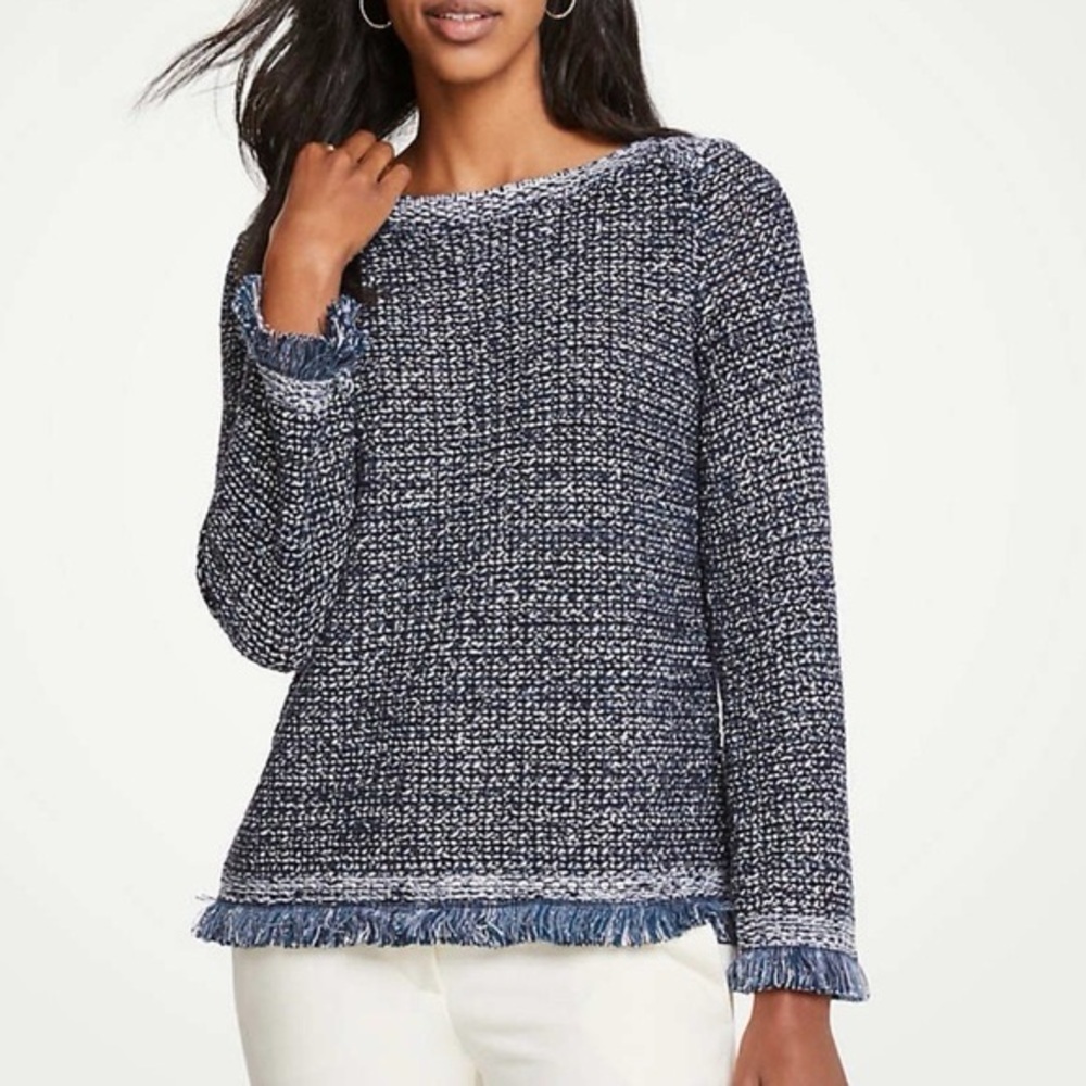 Ann Taylor Women Sequin Fringe Navy & White Metallic Chunky Knit Sweater Size XL
